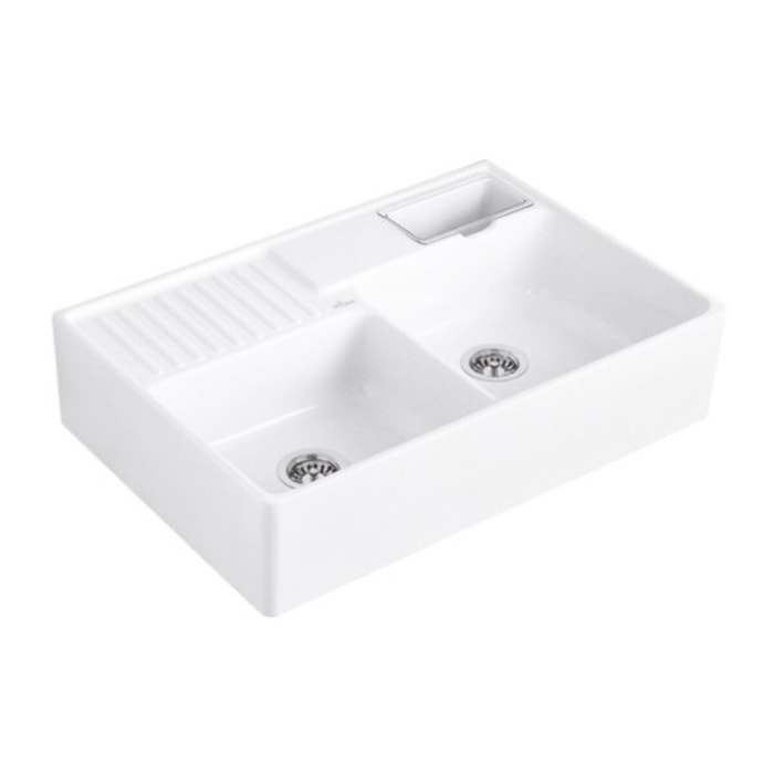 Evier timbre d'office Tradition 2 bacs 89,5 x 63 céramique vidage manuel blanc