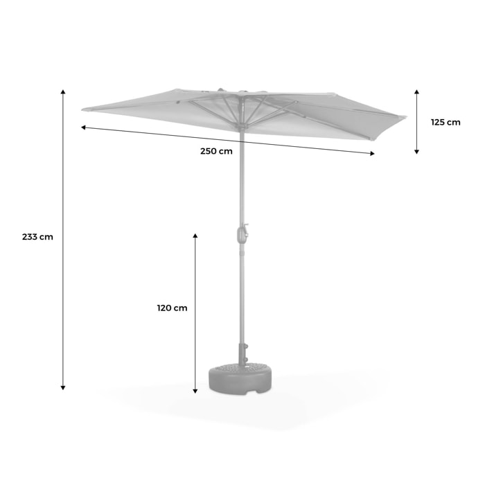 Parasol de balcon Ø250cm  – CALVI – Demi-parasol droit. mât central en aluminium avec manivelle d’ouverture. toile sable