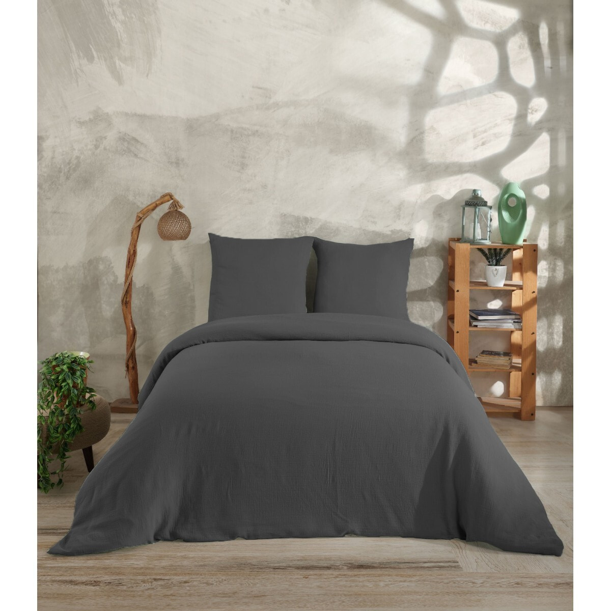 Parure housse de couette et taies d'oreiller gaze de coton anthracite