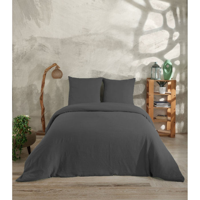 Parure housse de couette et taies d'oreiller gaze de coton anthracite