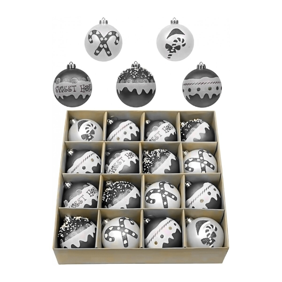 Coffret de 16 boules de noël fantaisie argentées