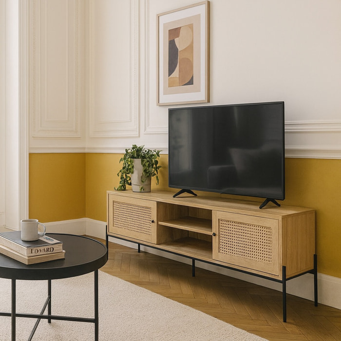 Meuble TV 2 portes en cannage et effet chêne - IRIS