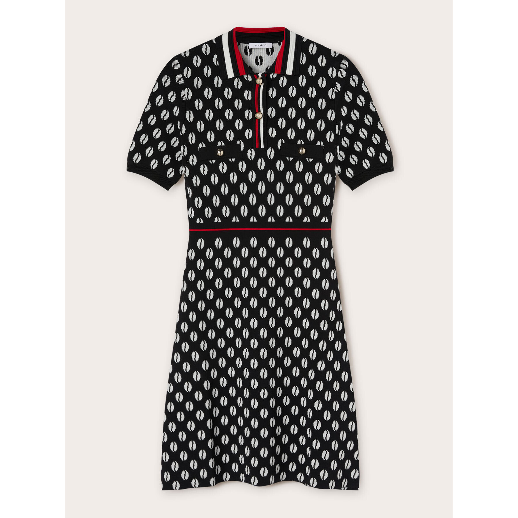 Motivi - Vestido corto tipo polo de punto jacquard - Negro