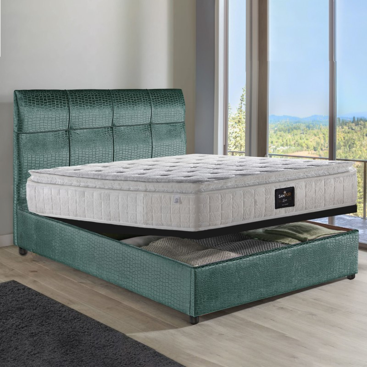 Lit coffre Safari Crocodile| Espace de Stockage jusqu'à 900 L | Grand angle d’ouverture | Simili cuir | Bleu turquoise