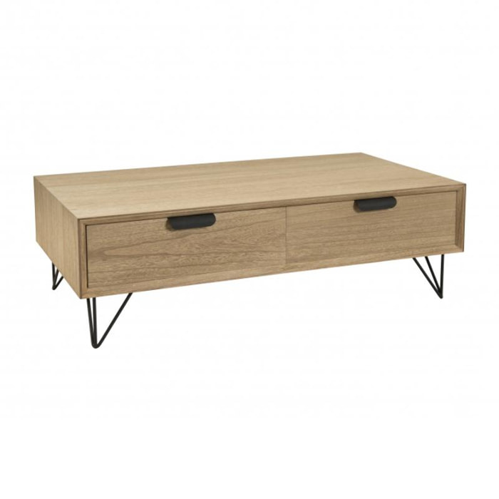EDITH - Table basse bois naturel 4 tiroirs pieds épingles métal noir
