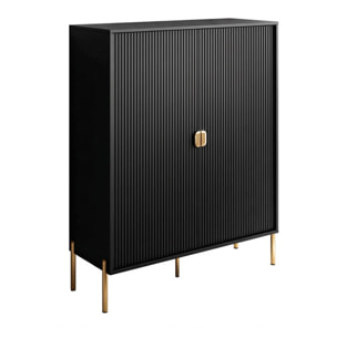 Credenza Mobile Contenitore 2 Ante Cannettate E Piedini Oro Madia Moderna con Ripiani Interni E Chiusura Soft Close 103.6 x 124 x 39.6 Cm Nero