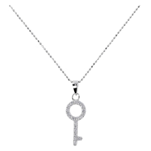 Collana in Argento 925 placcato Platino con Catena a Palline e Pendente Chiave con Pavé in Cubic Zirconia