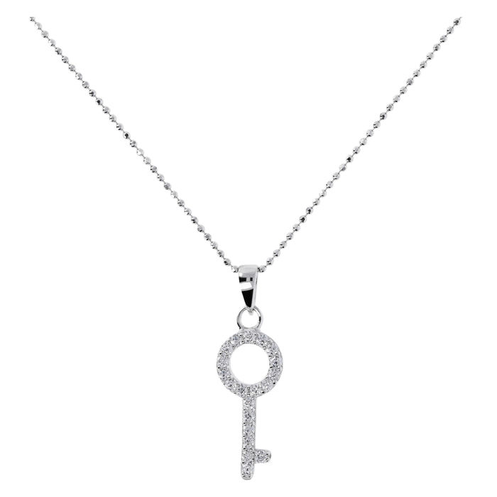 Collana in Argento 925 placcato Platino con Catena a Palline e Pendente Chiave con Pavé in Cubic Zirconia