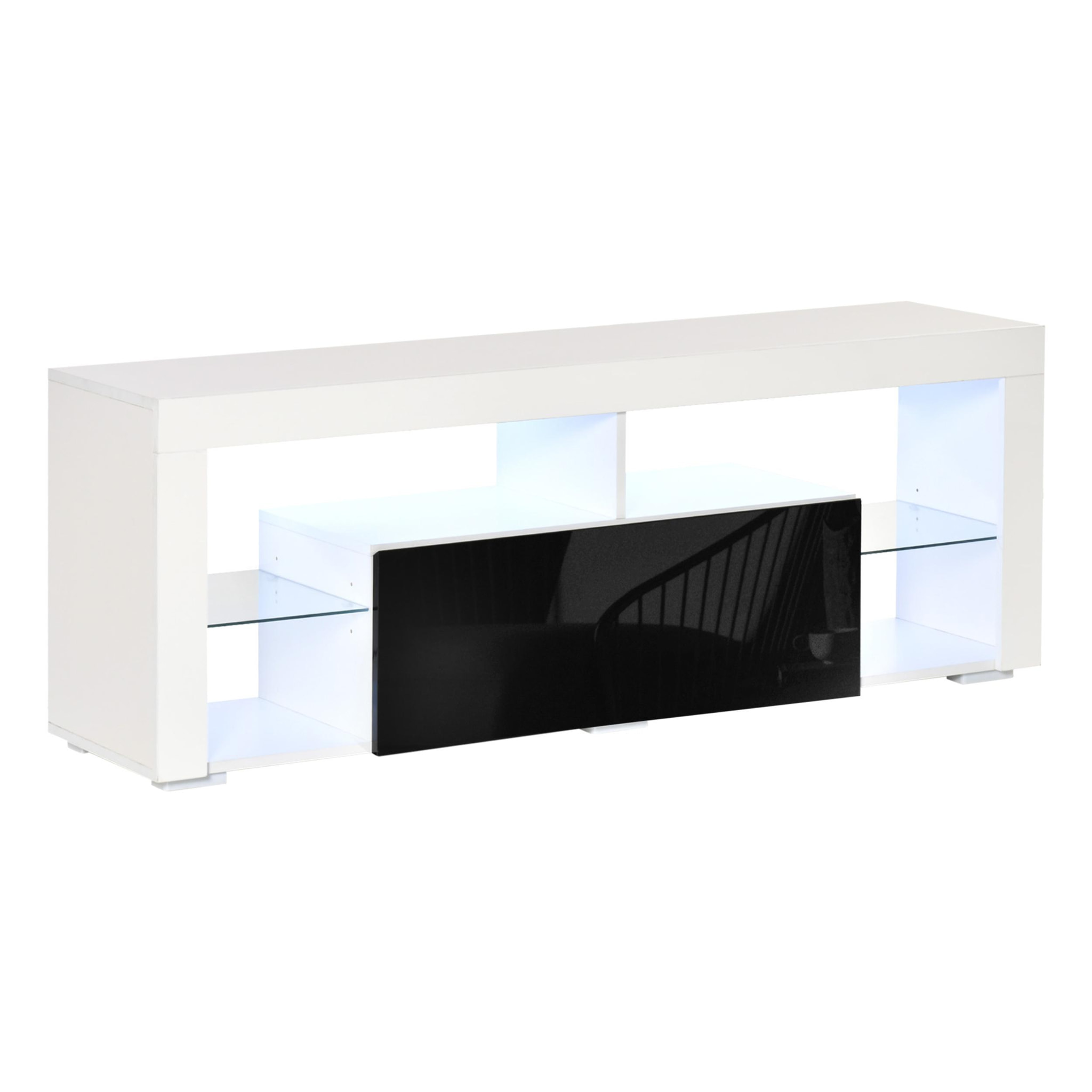 Mueble de TV para Televisiones de 55”Pulgadas Mesa para TV de Salón con Luz LED 6 Modos de Colores Mando a Distancia Cajón y Estantes de Cristal Ajustables 140x35x52 cm Blanco