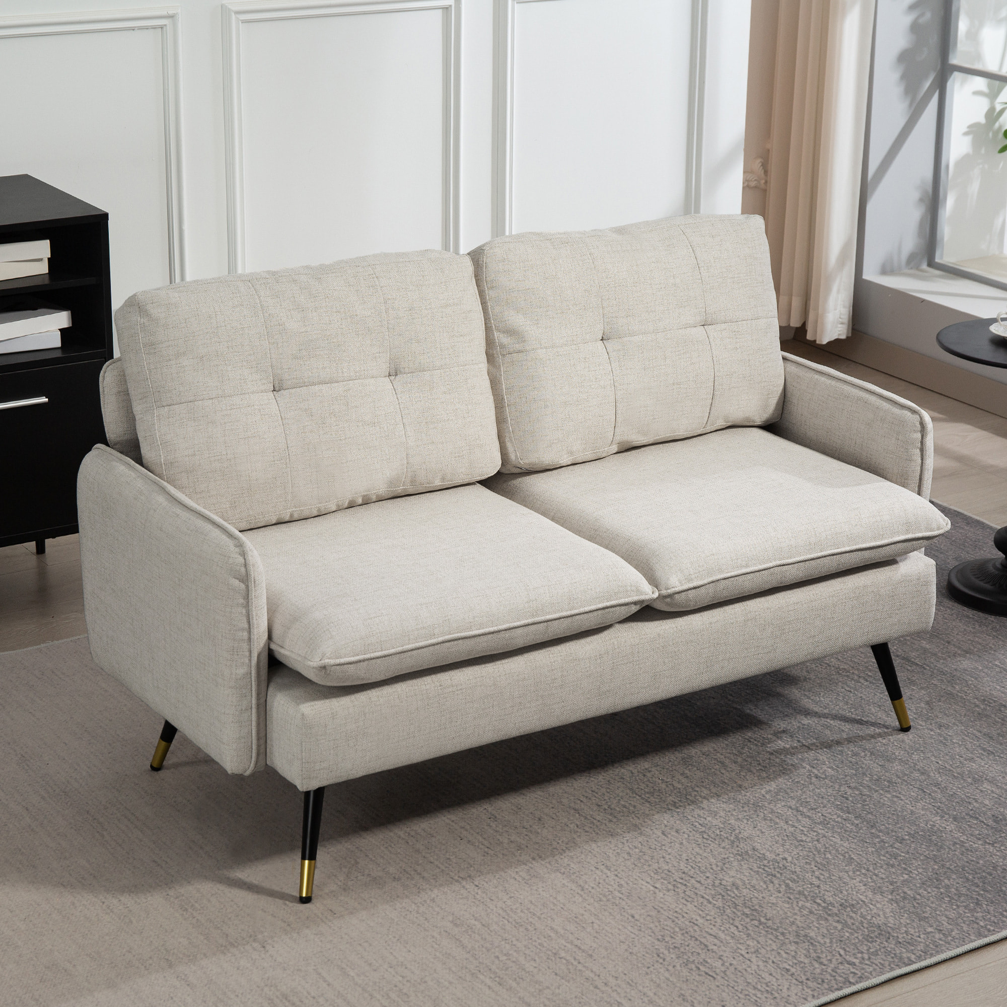 Sofá de 2 Plazas Tapizado en Lino Sofá de Salón 139 cm con Cojines Reposabrazos y Patas de Acero para Dormitorio Oficina Carga 240 kg Crema