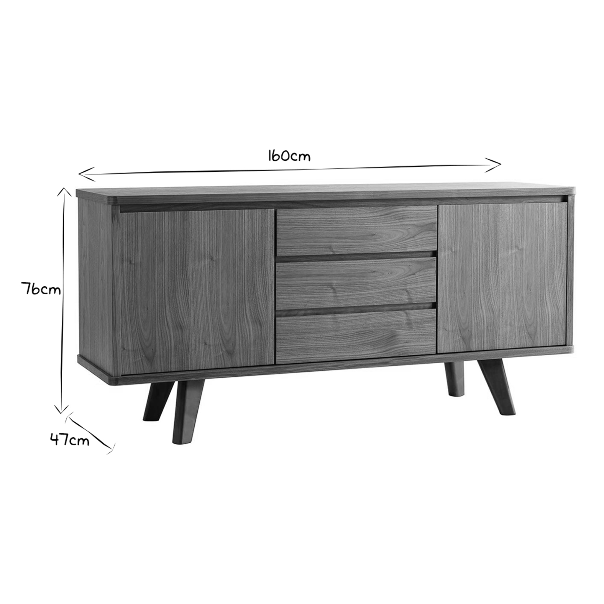 Buffet vintage en bois foncé noyer 2 portes 3 tiroirs L160 cm FIFTIES