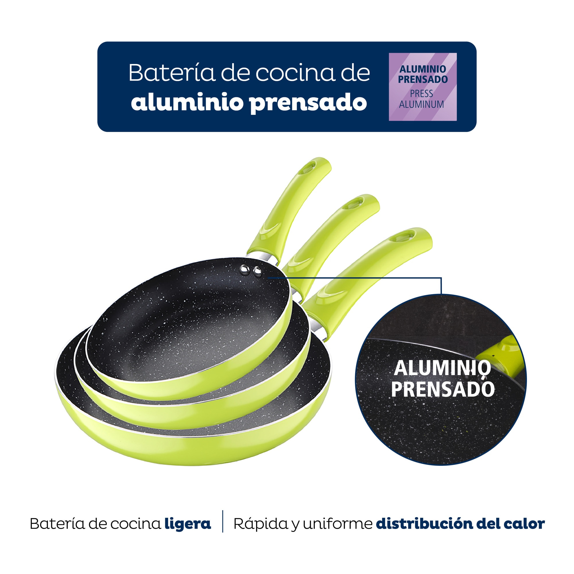 Set 3pc sarten (20+24+28cm) aluminio prensado verde con set 3pc utensilios de cocina nylon