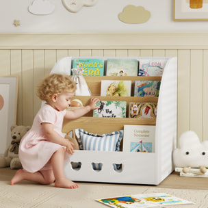 Estantería Infantil para Juguetes con Compartimento Oculto Organizador de Juguetes de 4 Niveles con Ruedas para Habitación Infantil Sala de Juegos Guardería Blanco y Natural