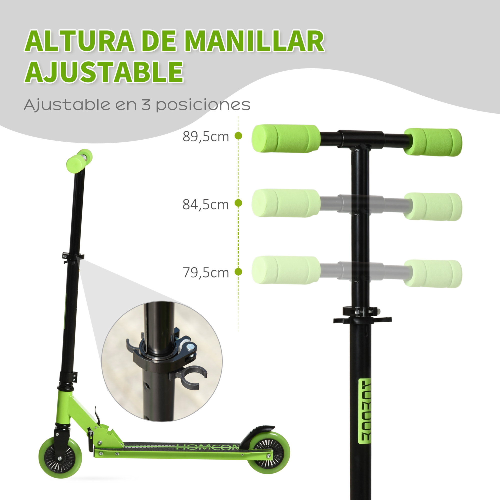 Patinete para Niños +3 Años Plegable con Altura Ajustable de 79,5-89,5 cm Verde