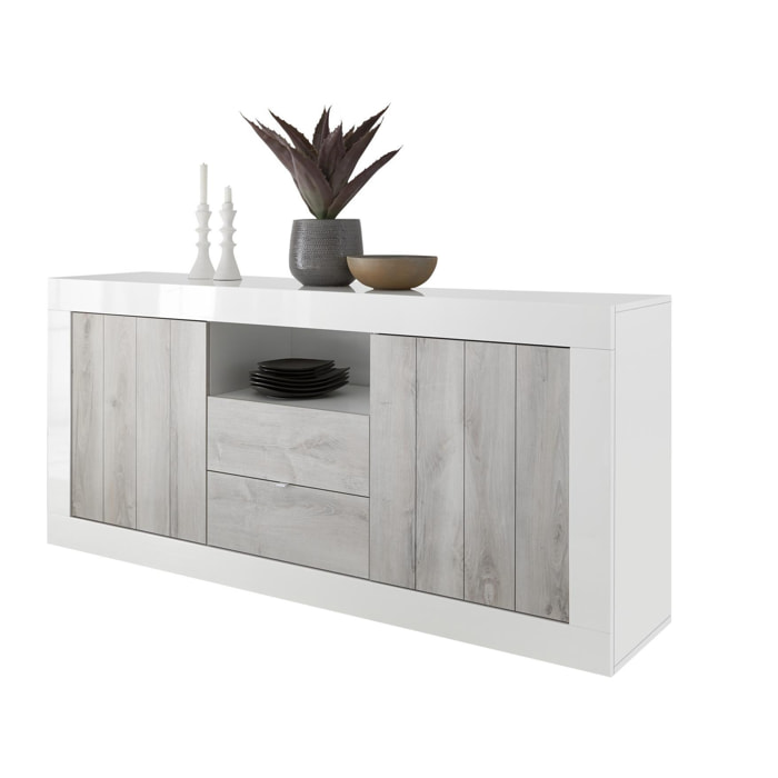 Credenza moderna a 2 ante e 2 cassetti, Made in Italy, Madia da cucina, Buffet di design da soggiorno, cm 184x42h86, colore Bianco lucido e Cemento