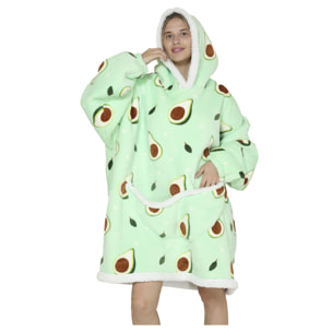 Bata estilo sudadera y manta de felpa extrasuave. Bolsillo frontal tipo canguro. Diseño Aguacates