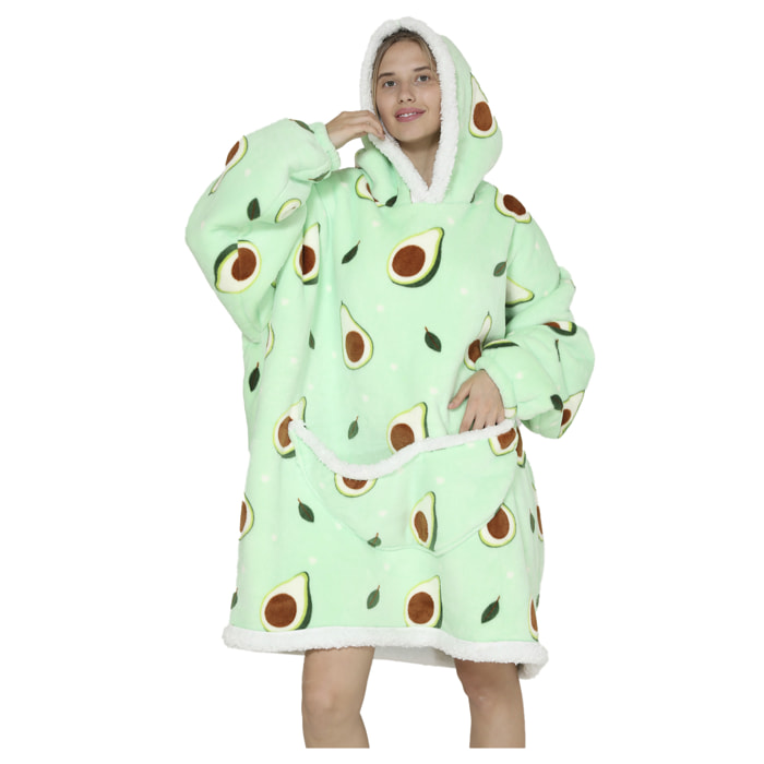 Bata estilo sudadera y manta de felpa extrasuave. Bolsillo frontal tipo canguro. Diseño Aguacates