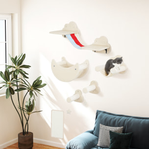 Juego de Pared de Escalada para Gatos de 6 Piezas Tema Cielo Estanterías para Gatos con Hamacas Plataformas Escaleras Tabla Rascador Poste de Sisal Estrellas de Juguete Beige