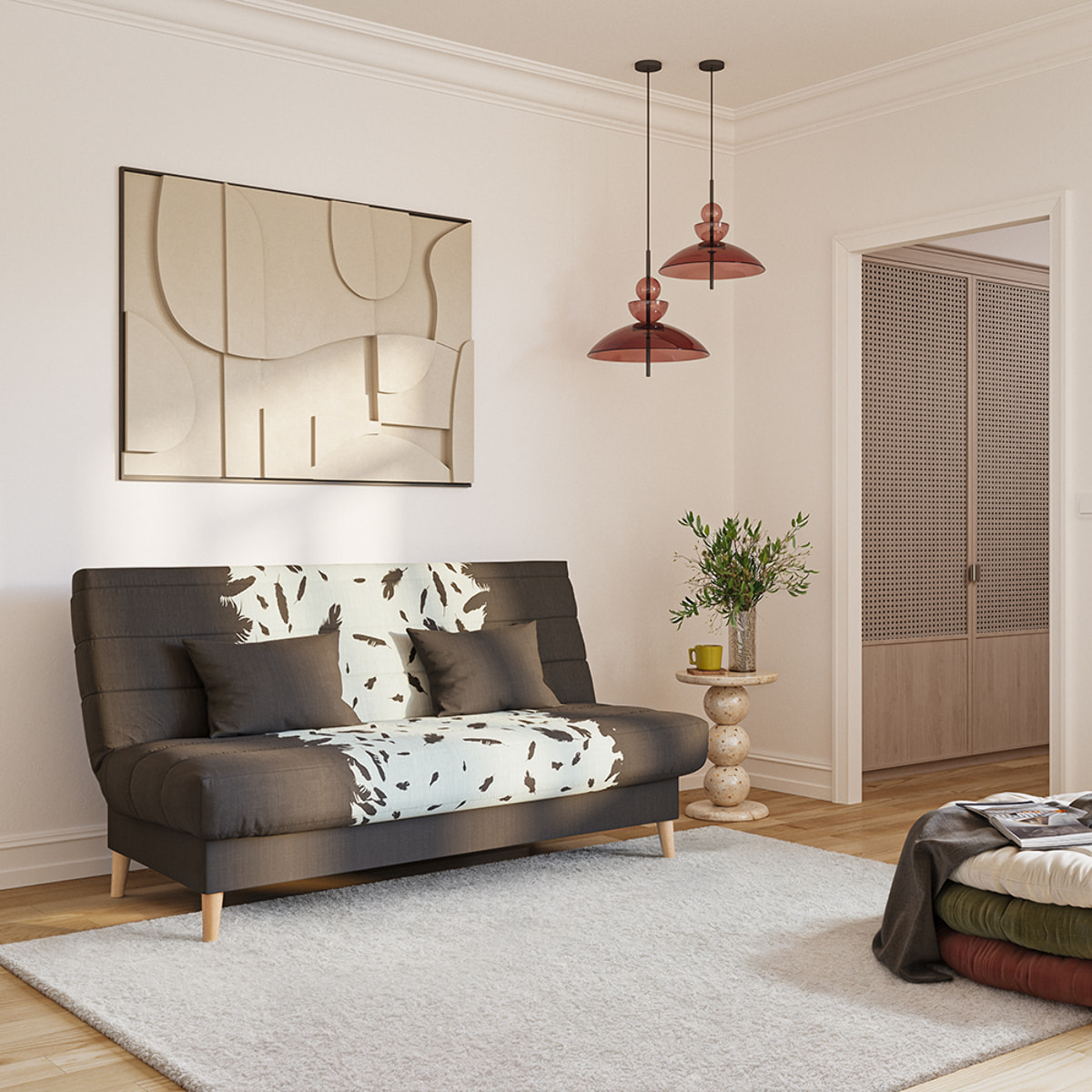 Canapé convertible Soho, matelas Simmons, 130 x 190 cm, 2 coussins offerts, Taupe à motifs