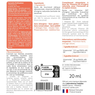 ISN - Vital D3 - 1000 UI - Complément Alimentaire riche en Vitamine D3 - Origine 100% Naturelle - Capital Osseux & Soutien de l'Immunité - Goût Neutre - Flacon Compte-gouttes 20ml