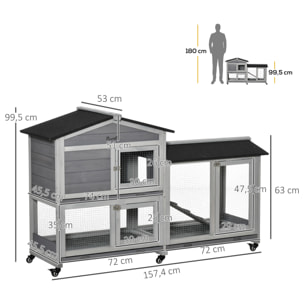 Conejera de Madera 157,4x53x99,5 cm Jaula para Conejos Grande con Ruedas Techo Asfáltico Bandeja Extraíble y Rampa para Exterior Gris