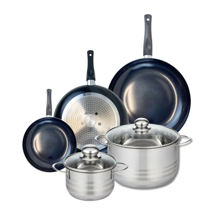 Ensemble de 3 Poêles de cuisson 20, 28 et 32 cm et 2 faitouts 16 et 24 cm Elo Prima Brillant
