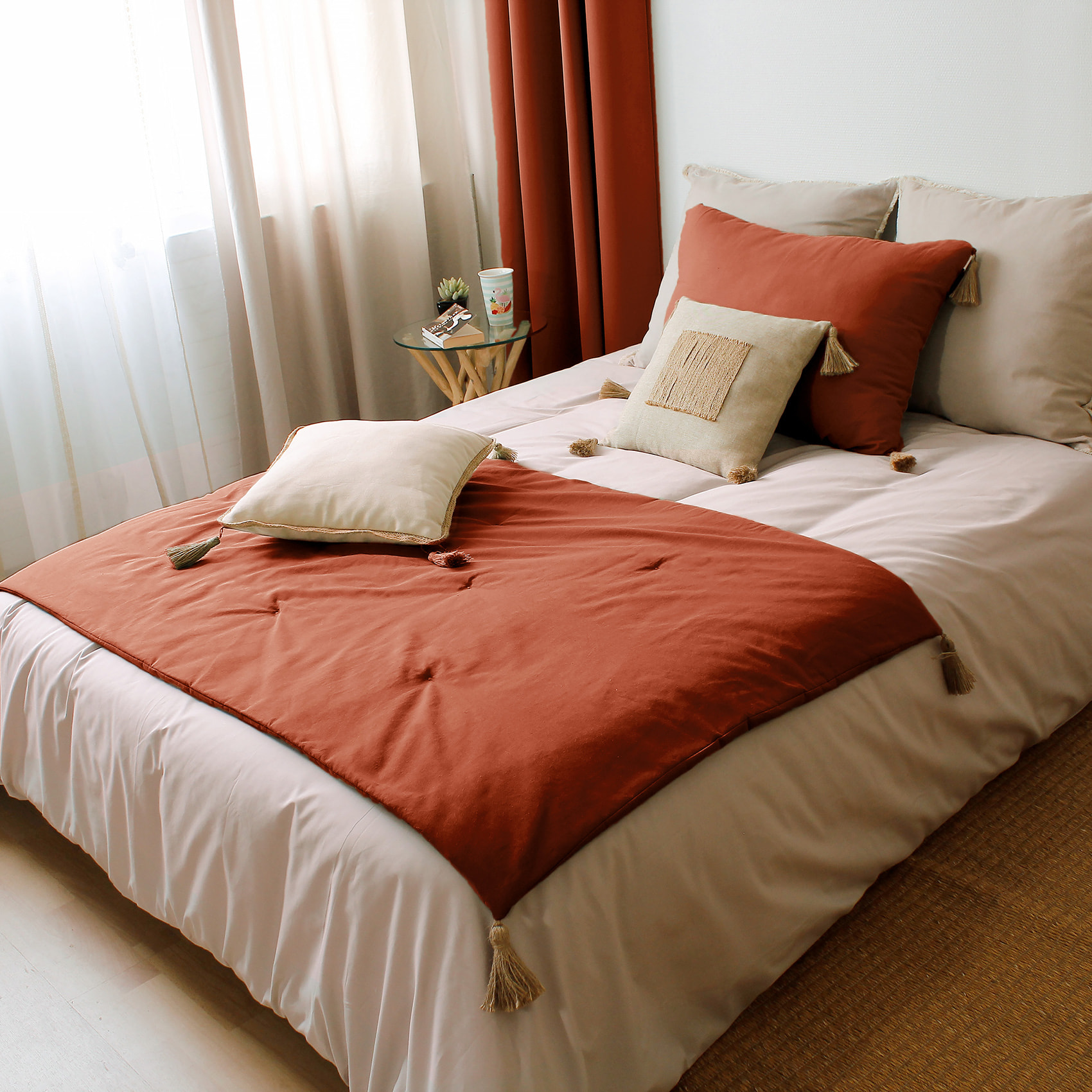 Edredon Panama avec pompons en jute - Brique