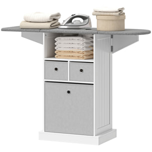 Mueble de Plancha con Ruedas, Tabla de Planchar Plegable, Mueble Planchador con 3 Cajones de Tela, Compartimento Abierto, 121x37x89,5 cm, Blanco
