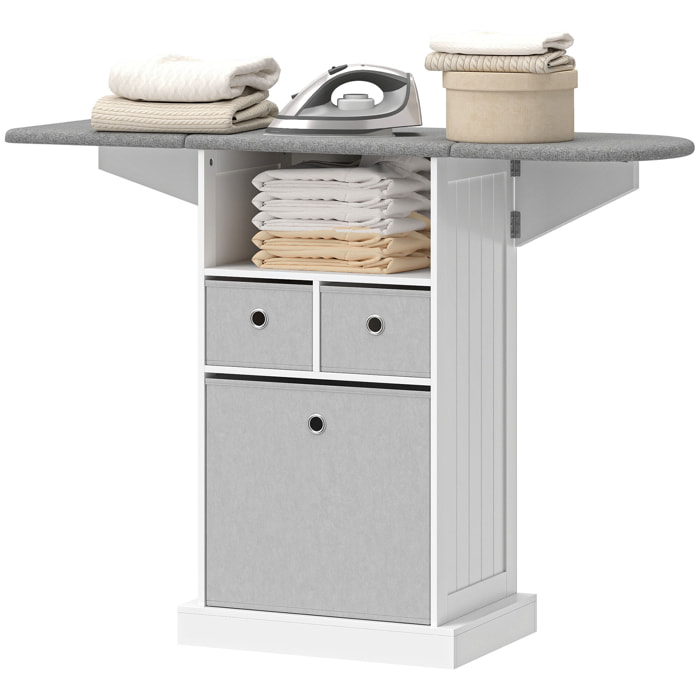 Mueble de Plancha con Ruedas, Tabla de Planchar Plegable, Mueble Planchador con 3 Cajones de Tela, Compartimento Abierto, 121x37x89,5 cm, Blanco