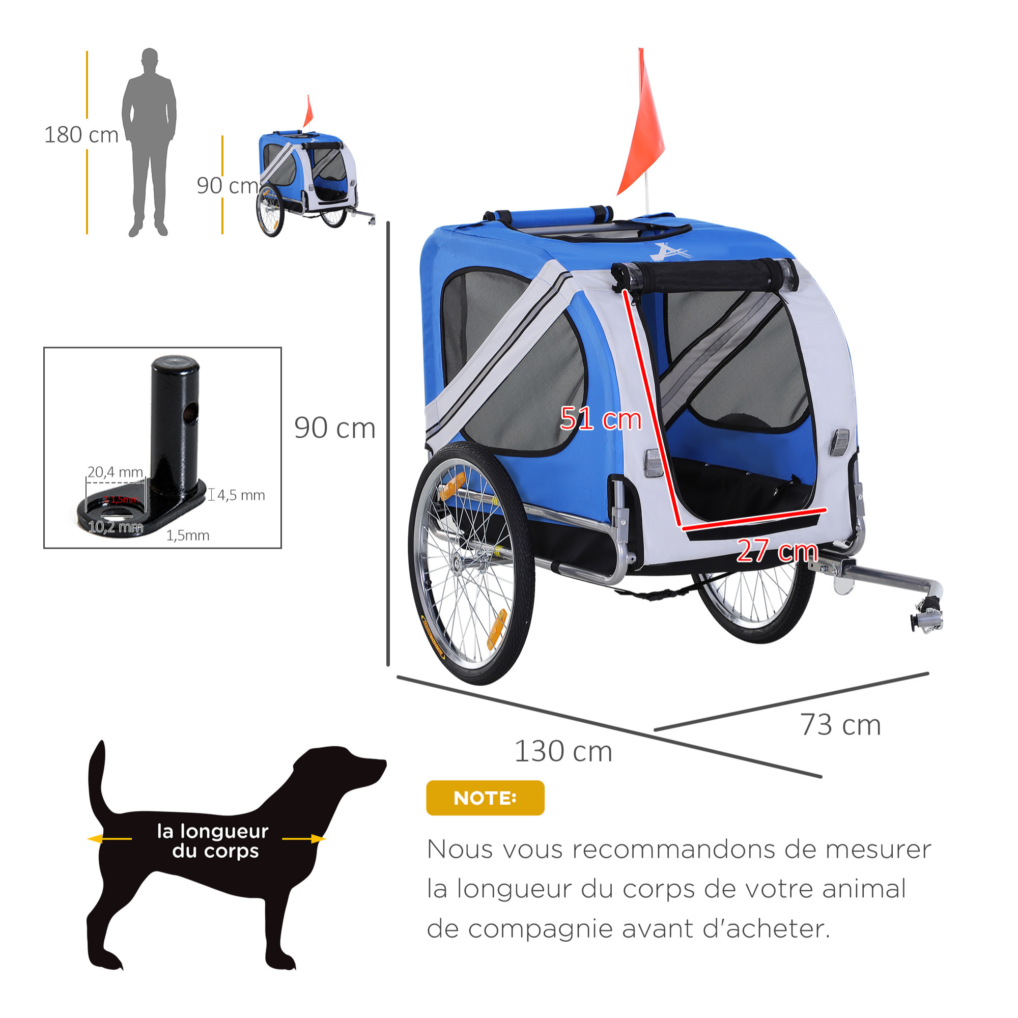 Remorque vélo pour chien animaux pliable 8 réflecteurs drapeau barre attelage inclus acier polyester imperméable max. 30 Kg 130L x 73l x 90H cm bleu blanc