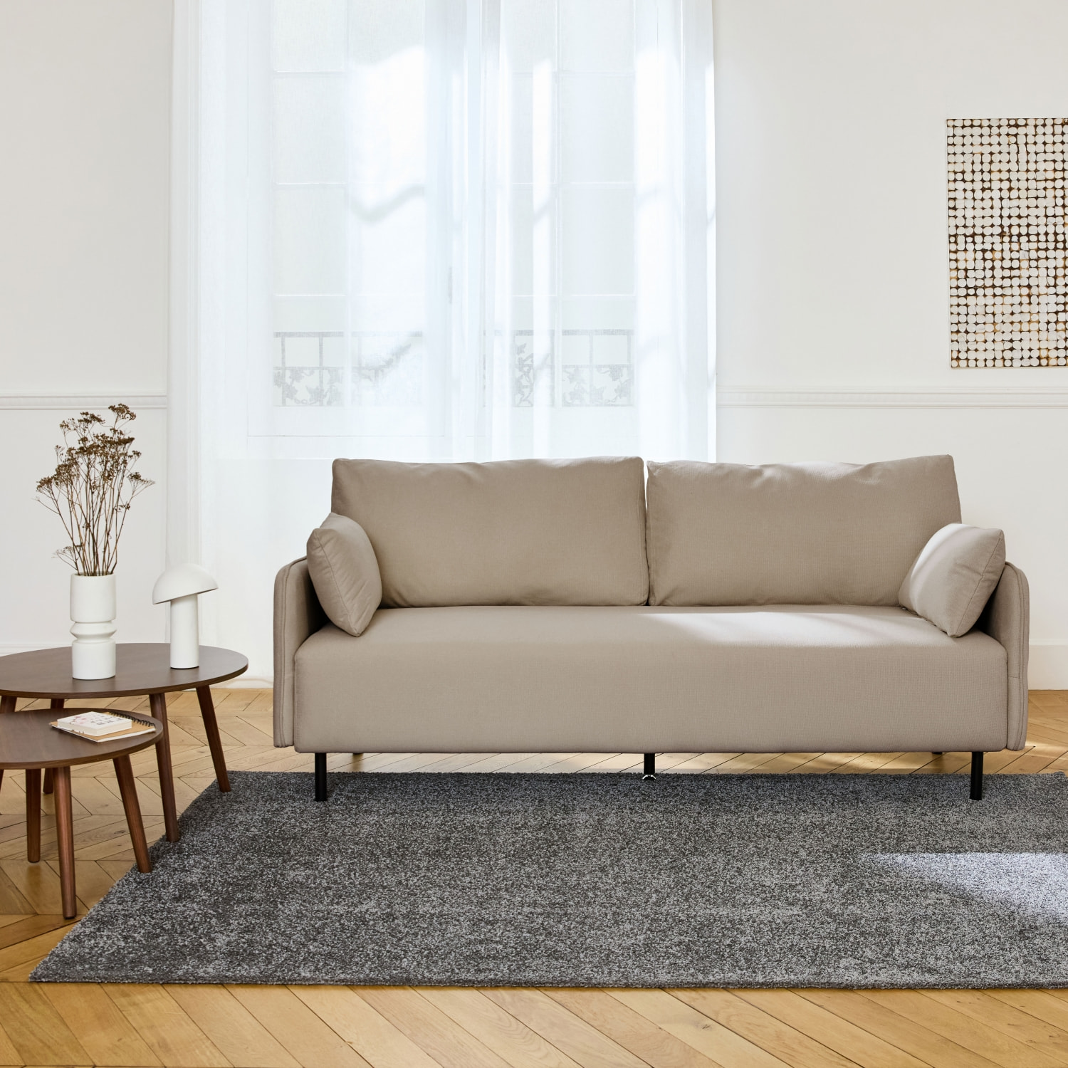 Canapé 3 places au tissu beige déperlant avec pieds en métal noir