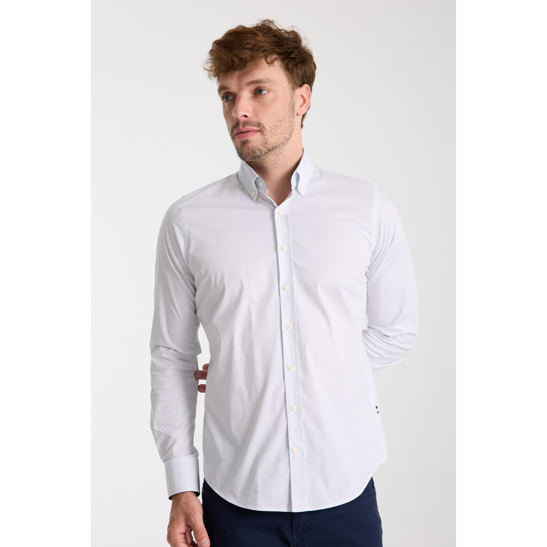 camicia uomo 1 bottone button down slim Popeline Stretch Stampato Bianco\Blu Inchiostro