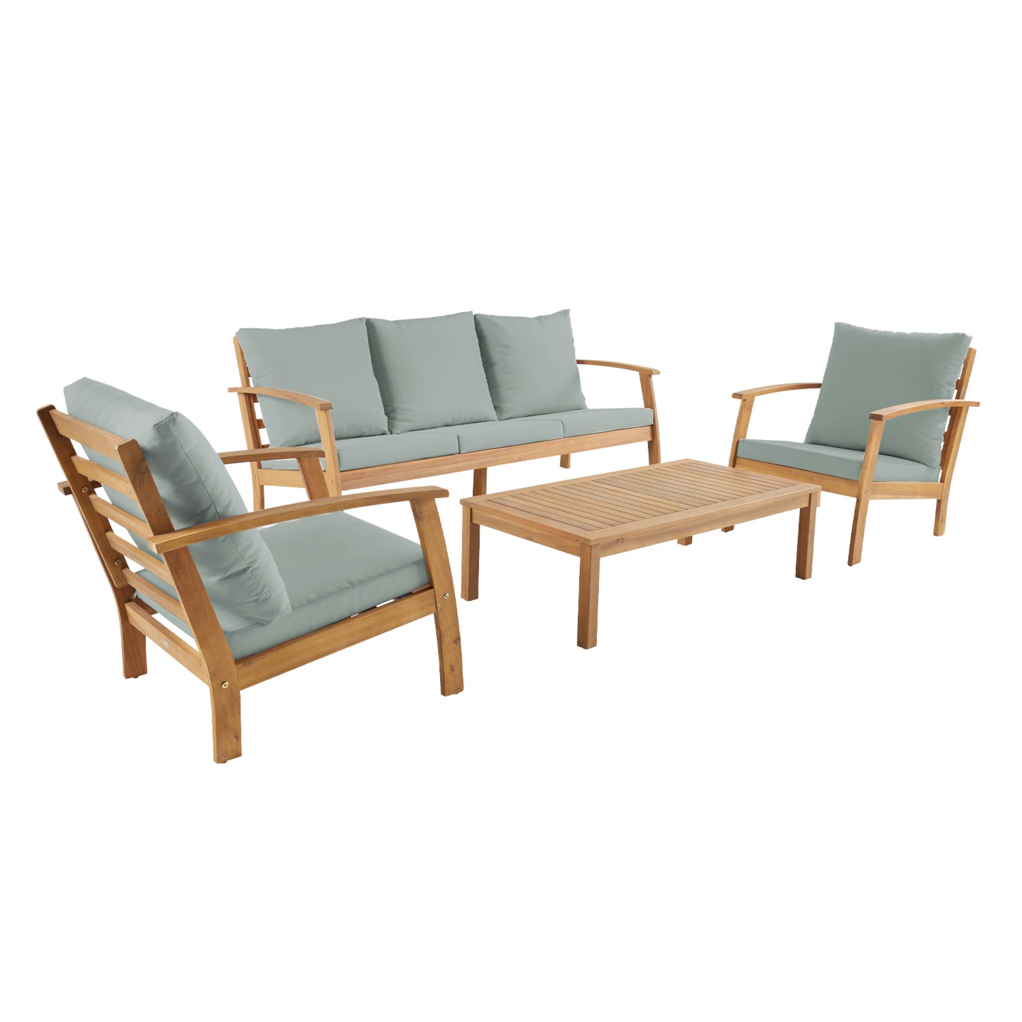 Salon de jardin USHUAIA 5 places vert de gris en bois d'acacia. un canapé. une table. deux fauteuils