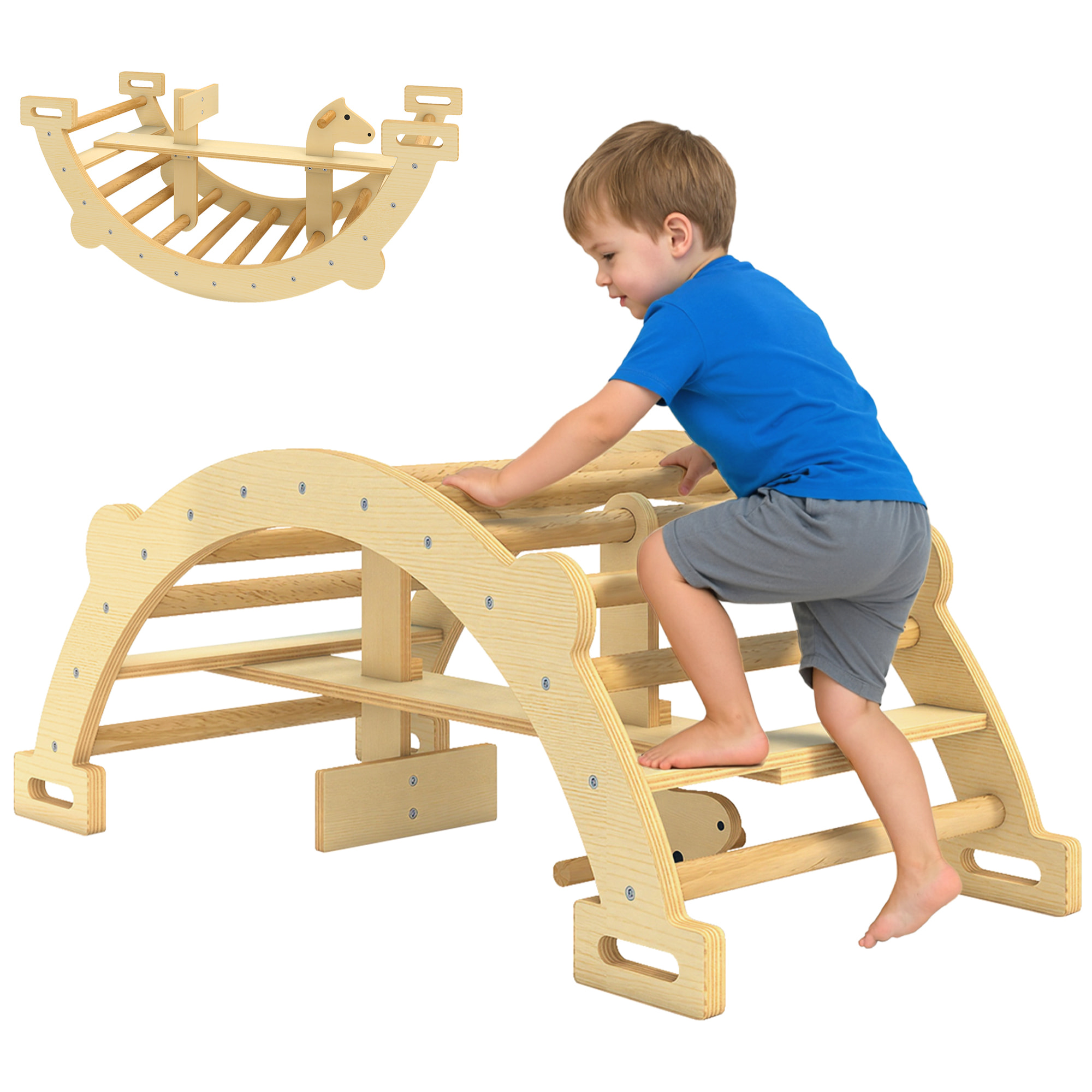 2 en 1 Arco de Escalada de Madera y Caballito Balancín, Estructura de Escalada Montessori, Juguetes Educativo de Interior para Niños de 2-4 Años, Natural