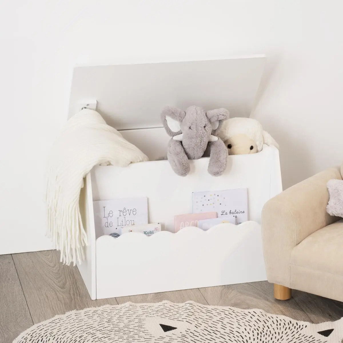 Coffre à jouets et bibliothèque enfant blanc 58x38cm