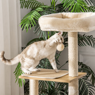 Arbre à chat multi-équipement griffoirs grattoirs niche hamac panier coussins amovibles H126 cm peluche courte sisal naturel beige