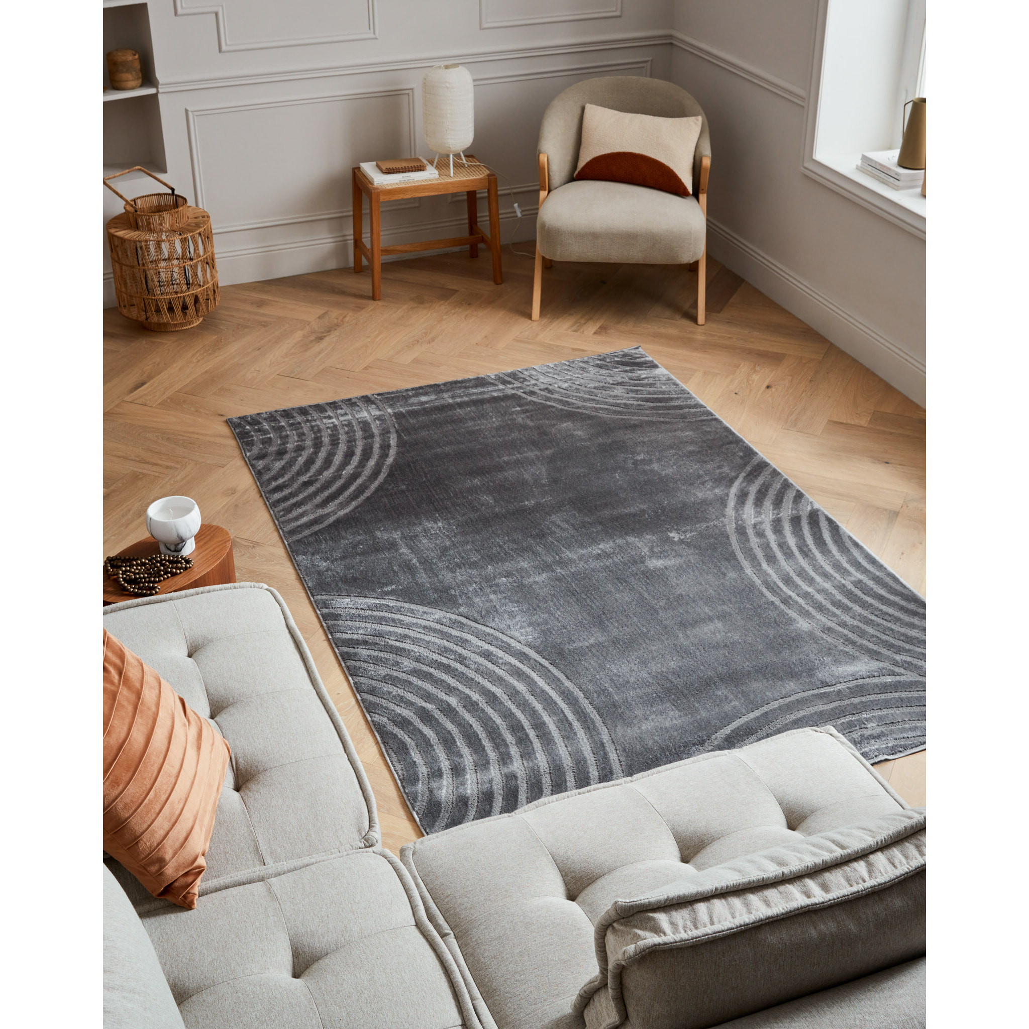 BLOOM - Tapis poils ras motif arc en relief - Gris