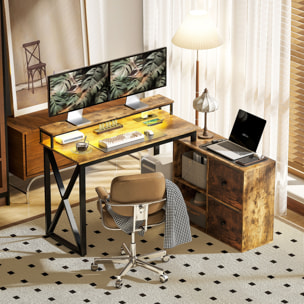 Escritorio Esquinero con Luces LED Escritorio en Forma de L con Estación de Carga 2 Compartimentos 2 Cajones de Tela Soporte para Monitor para Oficina en Casa Marrón Rústico