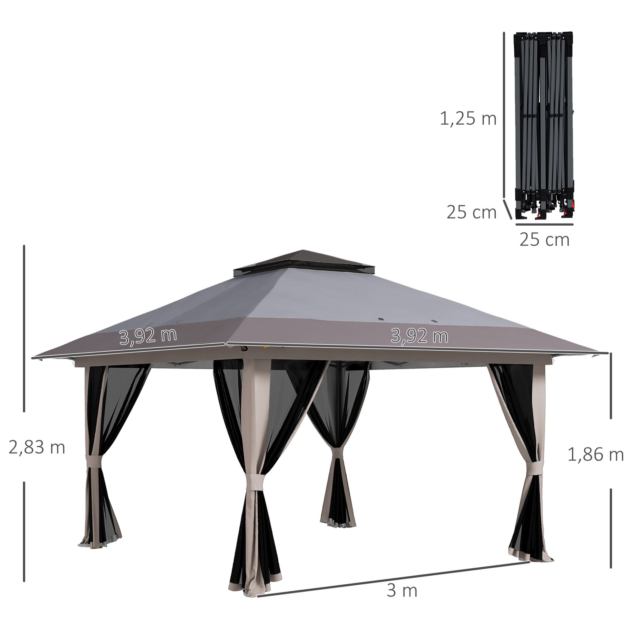Carpa Plegable Pop-up 4x4x2,8 m Cenador de Jardín con Paredes Altura Ajustable Anti-UV Impermeable Doble Techo Mosquiteras y Bolsa de Ruedas Gazebo para Exterior Fiestas Camping Gris Claro