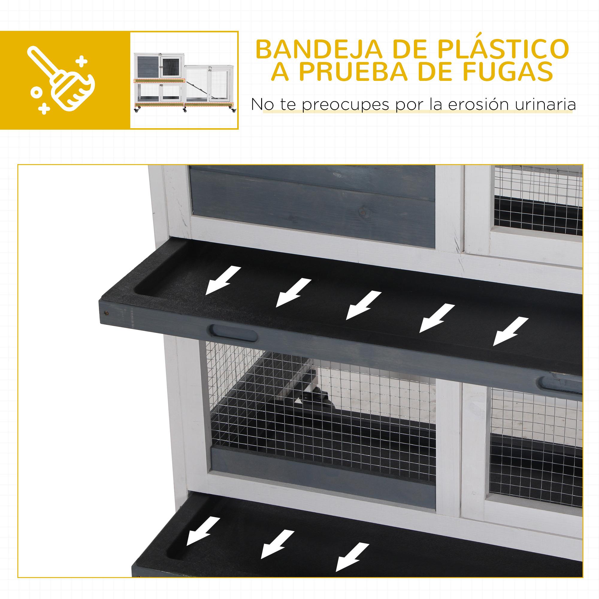 Conejera de Madera con Ruedas 147x45,5x88,5 cm Jaula para Conejos de 2 Niveles con Techo Abrible 2 Corrales de Metal 3 Bandejas Extraíbles 3 Puertas con Pestillo y Rampa Gris