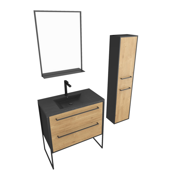 Ensemble Meuble de salle de bain blanc 80cm + vasque noir effet pierre + miroir + colonne rangement