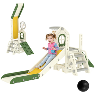Tobogán Infantil Plegable 5 en 1, Tobogán para Niños con Escalador, Aro de Baloncesto, Pelota, Almacenamiento, Peldaños, Fácil de Montar y Limpiar, para Interior, para 1-3 Años, Blanco Crema