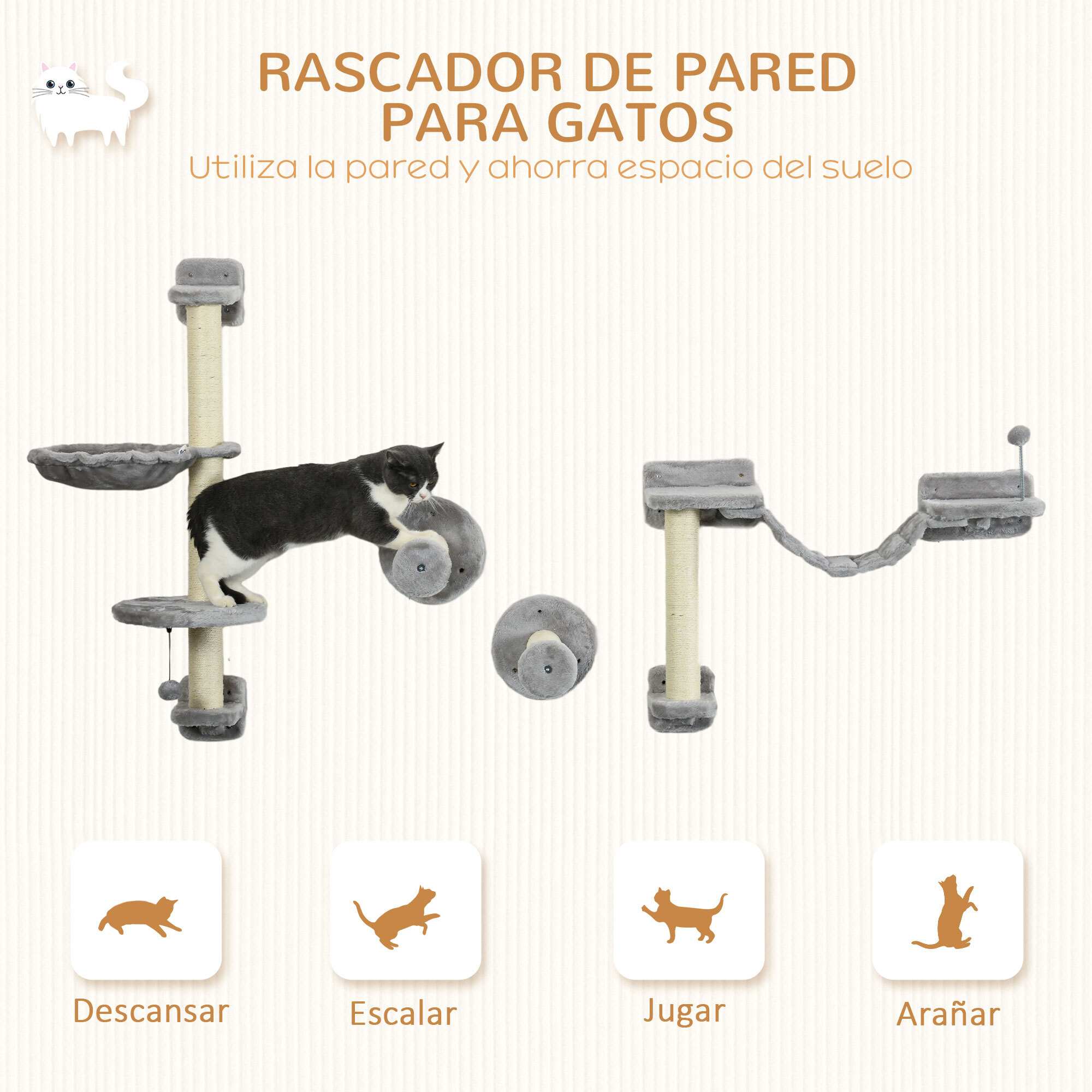 Estante de Escalada para Gatos de Pared Juego de Estantes para Gatos 4 Piezas con Hamaca Bola Plataformas para Saltar Poste de Sisal y Escalera 84,5x19x54 cm Gris y Beige