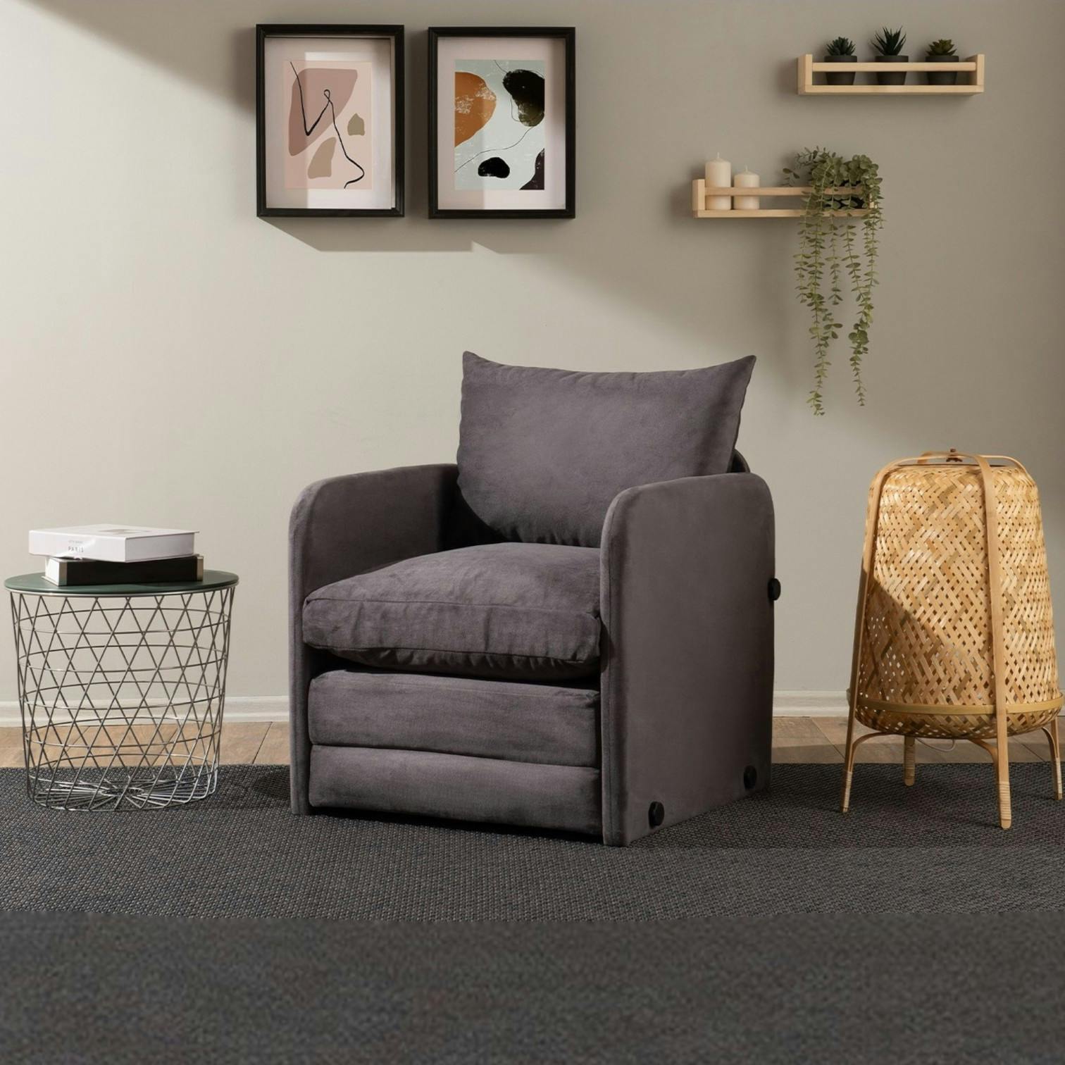Fauteuil convertible gris velours couchage 200 cm ORURO