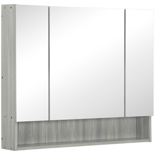 Armoire miroir salle de bain 3 portes 5 étagères, niche - 90 x 15 x 75 cm - effet bois gris
