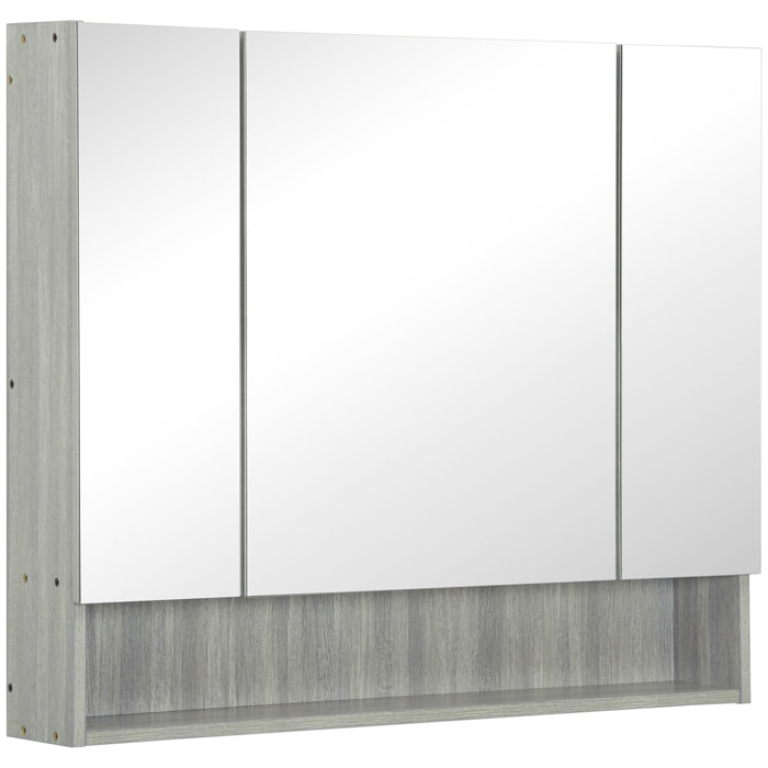 Armoire miroir salle de bain 3 portes 5 étagères, niche - 90 x 15 x 75 cm - effet bois gris