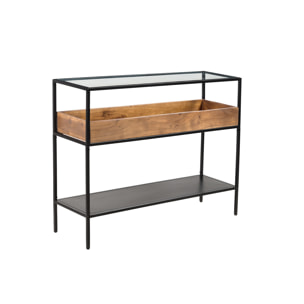 Console avec plateau en verre, rangement en bois massif et métal noir L100 cm HAORA