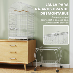 Jaula para Pájaros con Ruedas y Estante, 51x51x153 cm, Jaula Grande con Parte Superior Abatible, 2 Comederos, 2 Perchas, 4 Puertas y Bandeja Extraíble, para Loros y Canarios, Blanco