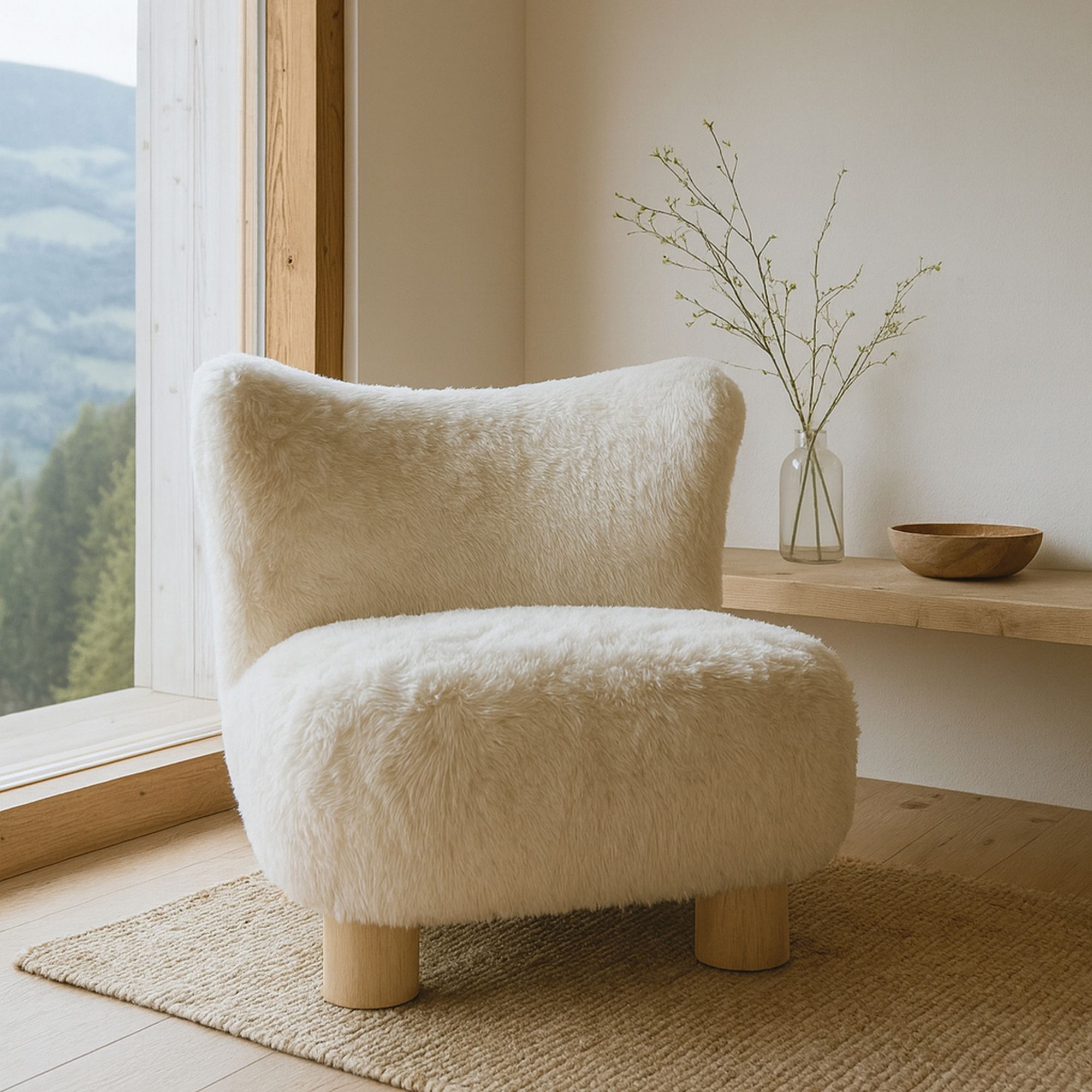 Fauteuil effet fourrure beige et structure en bois  ARTIC