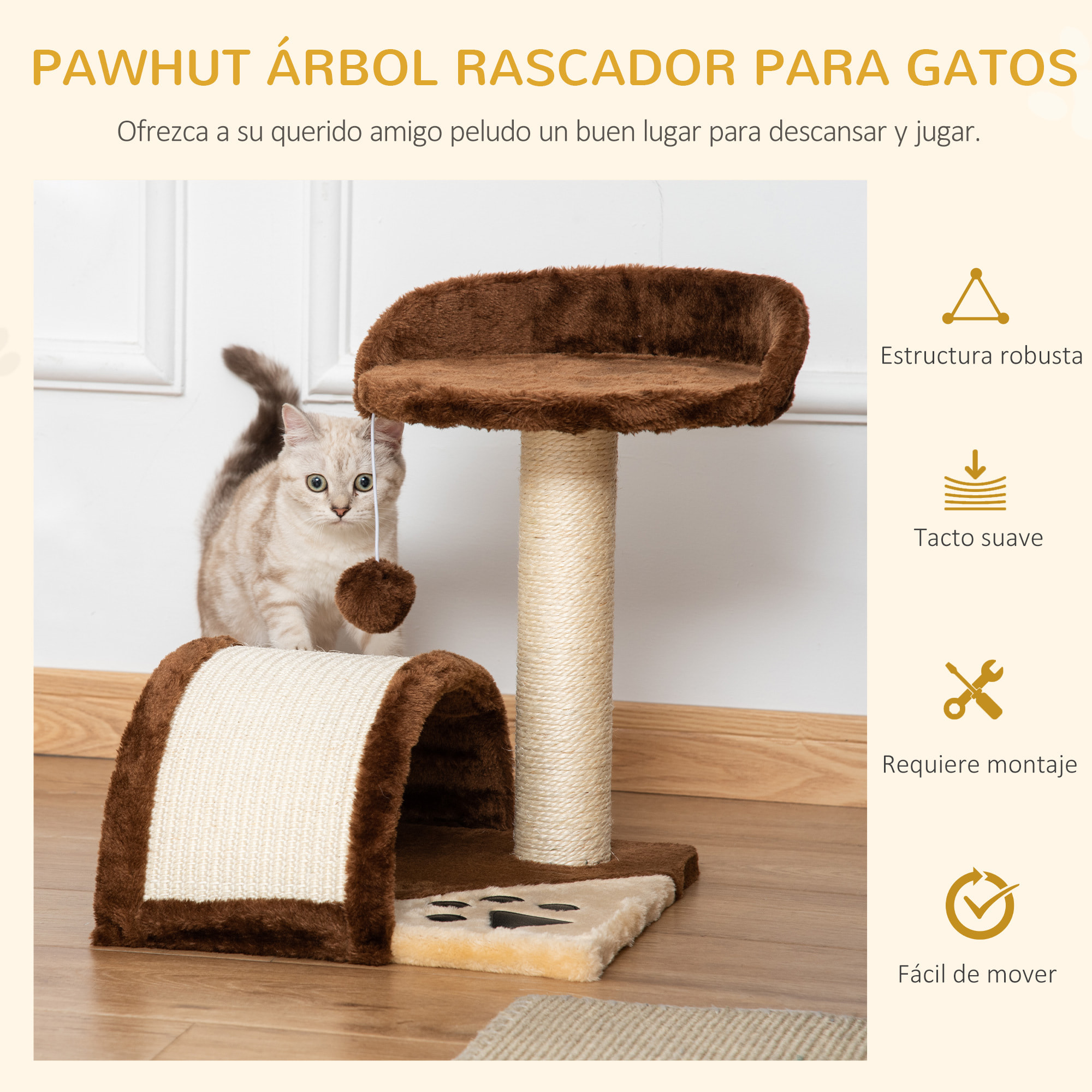 Árbol Rascador para Gatos Pequeño Altura 40 cm de 2 Niveles con Poste Tablero para Rascar Plataformas y Juguete de Bola Colgante 35,5x37x46 cm Marrón